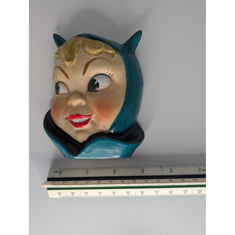 Vintage Ceramic Pixie Girl Wall Pocket Mid Century Japan Blue Hood Kitsch Decor